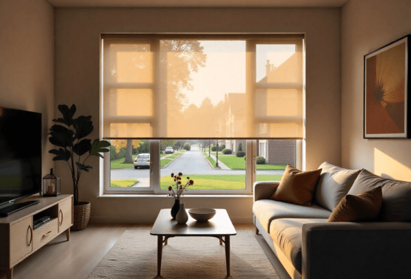 Roller blinds for living rooms offering stylish light control and modern interiors